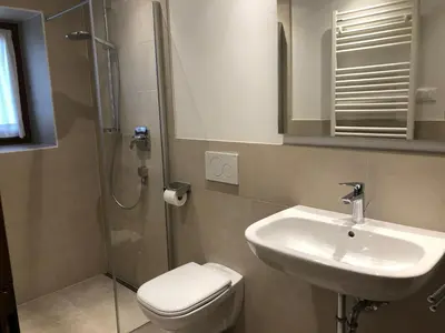 a bathroom with a toilet and a sink and a shower at Matailerhof in Tirolo