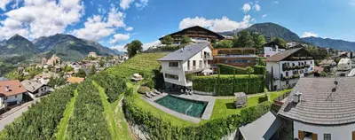 a village on a hill with houses and vines at Active B&B Prairerhof in Schenna