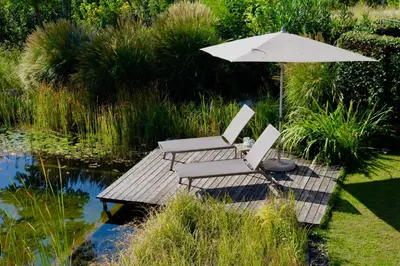 two chairs and an umbrella next to a pond at Gapphof in Lagundo