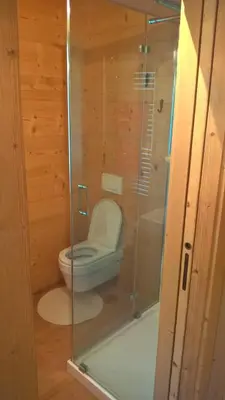 a bathroom with a toilet in a glass enclosure at Vista Pelmo in Colle Santa Lucia