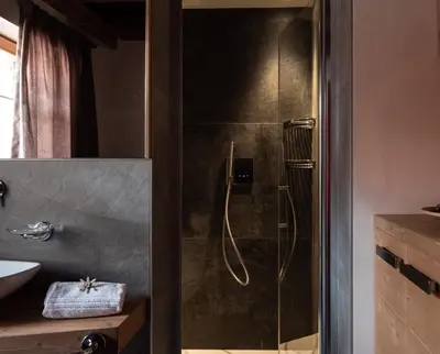 a shower with a glass door in a bathroom at Chalet Stella Alpina in Val di Zoldo