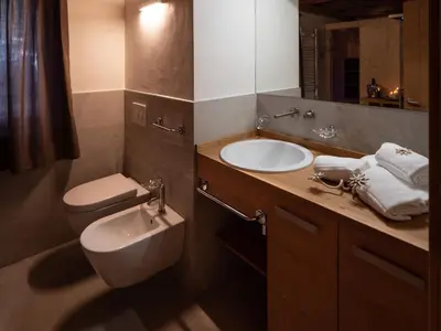a bathroom with a sink and a toilet and a mirror at Chalet Stella Alpina in Val di Zoldo