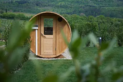 a small wooden cabin in a field of grass at Weingut Windegg in Caldaro