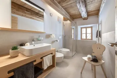 a bathroom with a sink and a toilet and a shower at ban Hofa in Bressanone
