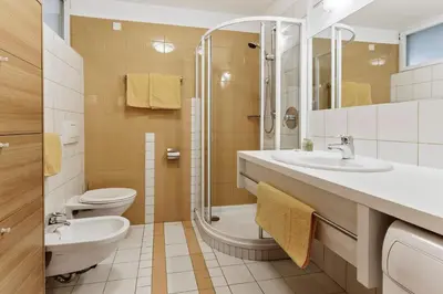 a bathroom with a sink and a toilet and a shower at Apartments Petlin in Ortisei