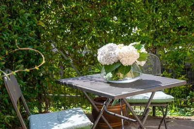 a table with a vase of white flowers on it at Apartment Maximilian in Merano