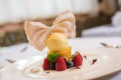 a dessert with ice cream and berries on a plate at Hotel Ciamp in Santa Cristina in Val Gardena