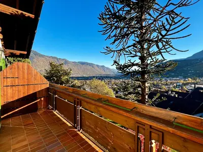 a balcony with a view of a tree and mountains at Oberjaistenhof in Lana