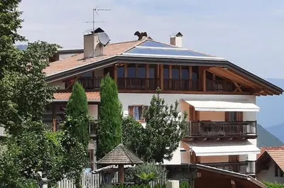 a large house with a roof with trees in front of it at Bertoldihof in Cortaccia