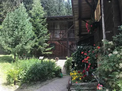 a garden outside of a log cabin with flowers at Bauernhaus Spathen in Santa Valburga St. Walburg