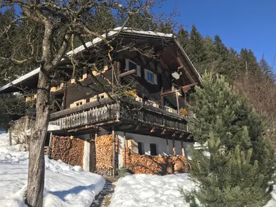 a log cabin in the snow with a tree at Bauernhaus Spathen in Santa Valburga St. Walburg