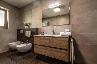 a bathroom with a sink and a toilet and a mirror at Ciasa MAEL Dolomites Apartments in La Valle