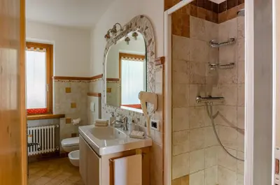 a bathroom with a sink and a shower and a toilet at Agritur Coryletum in Coredo