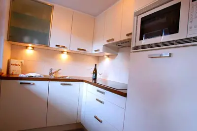 a kitchen with a white refrigerator and a microwave at Grohmann Apartments in Selva di Val Gardena