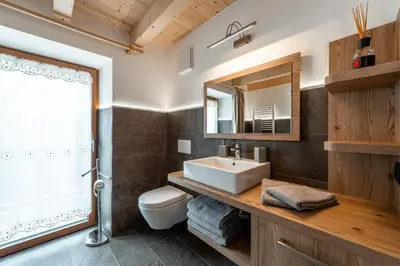 a bathroom with a sink and a mirror at Ciasa Sas da le Doudesc in Vigo di Fassa