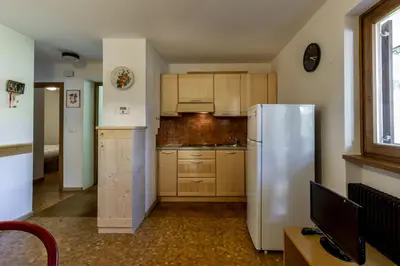 a kitchen with a white refrigerator in a room at Sass Pordoi in Mazzin
