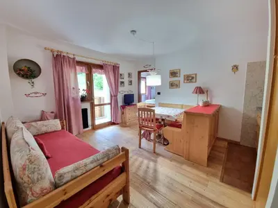 a bedroom with a bed and a desk in a room at Sass Pordoi in Mazzin