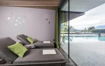 a living room with a couch and a swimming pool at Vinea - Suites in Tirolo