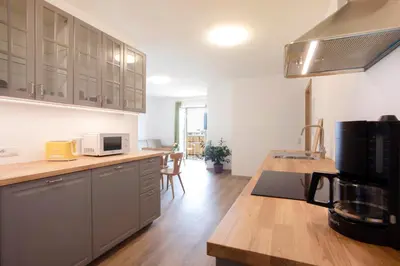 a kitchen with a counter top with a microwave at Obstbauernhof Bundschuh - Dogs welcome in Appiano sulla Strada del Vino