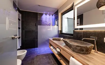 a bathroom with a stone sink and a shower at Hotel Klostersepp in Chiusa