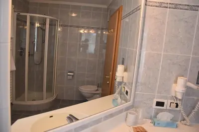 a bathroom with a sink and a shower and a toilet at Garni Haus Tyrol in Corvara in Badia