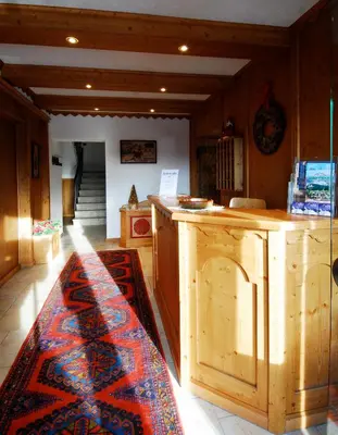a room with a counter and a rug on the floor at Residence Adler in San Martino di Castrozza