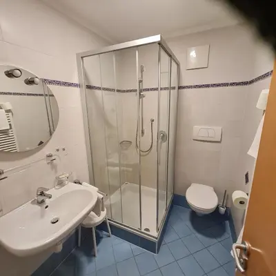 a bathroom with a shower and a sink and a toilet at Gasthof Traube in San Lorenzo di Sebato