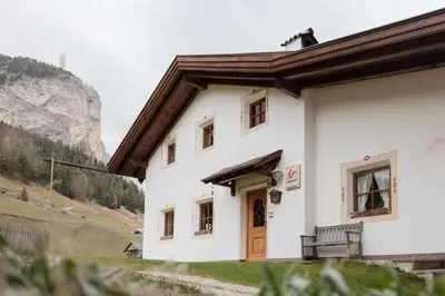 a white bathroom with a sink and a shower at Luech da Plazola in Selva di Val Gardena