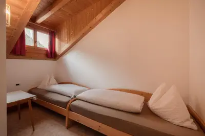 a bedroom with a large bed with a wooden ceiling at Luech da Plazola in Selva di Val Gardena