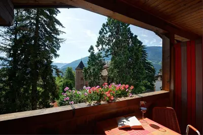 a table with flowers on a balcony with a view at Apparthotel Taufenbrunn in Parcines