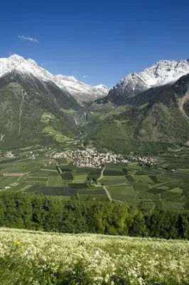 a view of a mountain with a town in a valley at Apparthotel Taufenbrunn in Parcines