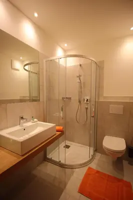 a bathroom with a shower and a sink and a toilet at Apparthotel Taufenbrunn in Parcines