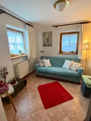 a living room with a green couch and a red rug at Dolomites Charme Chalet in Colle Santa Lucia