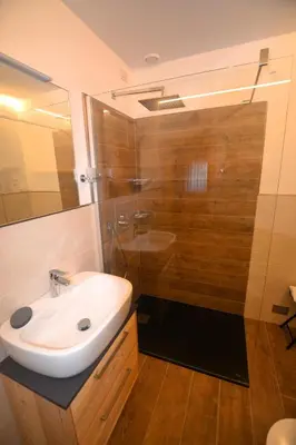 a bathroom with a sink and a glass shower at Hotel La Montanina in Alleghe