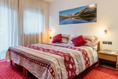 a bedroom with a large bed with a red carpet at Hotel La Montanina in Alleghe