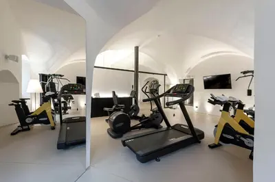 a gym with treadmills and ellipticals in a room at Castel Hörtenberg in Bolzano