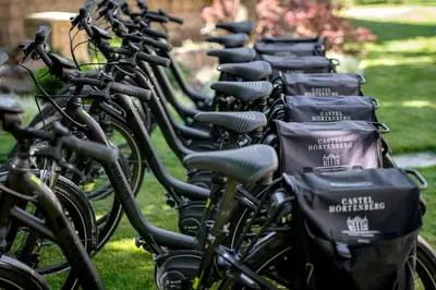 a row of bikes parked in the grass at Castel Hörtenberg in Bolzano