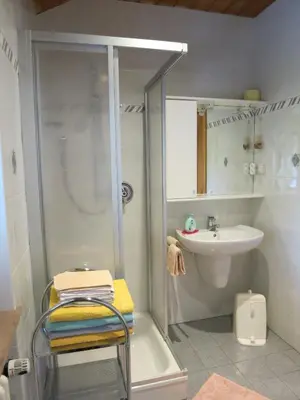 a bathroom with a shower and a sink at Feldererhof in Postal