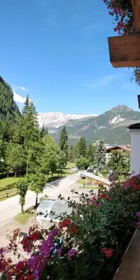 a view from the balcony of a resort with flowers at Hotel Engel in Canazei