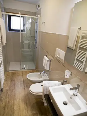 a bathroom with a toilet and a sink and a shower at Hotel Engel in Canazei