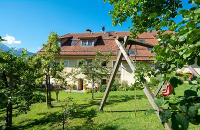 a yard with a swing in front of a house at Peterer Hof in Rasùn di Sotto