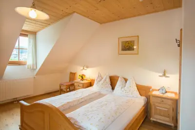 a bedroom with a large bed in a attic at Peterer Hof in Rasùn di Sotto