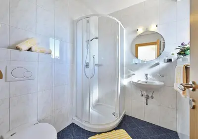 a bathroom with a shower and a toilet and a sink at Holiday Residence Mesenhaus in Maranza