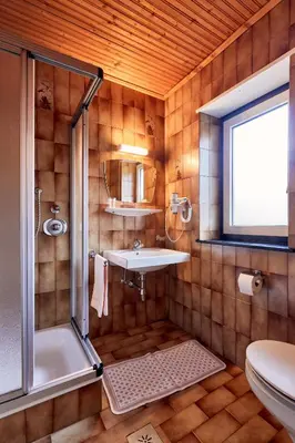 a bathroom with a sink and a shower and a toilet at Ferienpension Zummüllerhof in Naz-Sciaves