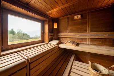 a sauna with two benches and a window at Golfhotel Sonne in Siusi
