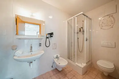a bathroom with a sink and a shower and a toilet at Golfhotel Sonne in Siusi