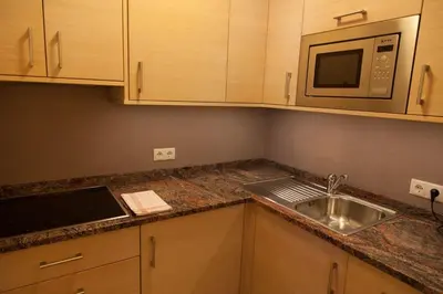 a kitchen with a sink and a microwave at Residence Armonia in Colfosco