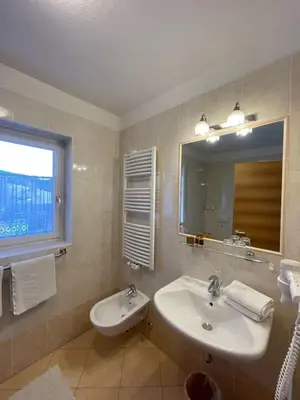 a bathroom with a sink and a mirror at Schopplhof - panoramic apartments dolomites in Villnoss