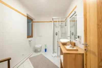 a bathroom with a sink and a shower and a toilet at Art Apartment Schatzer in Funes