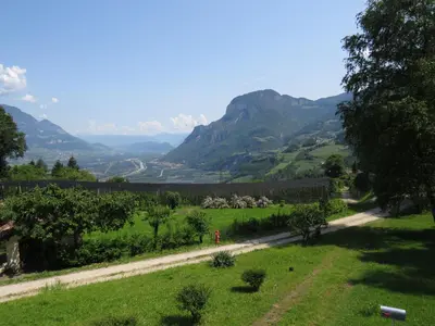 a path through a vineyard with mountains in the background at Chalet San Valentino in Salorno sulla Strada del Vino